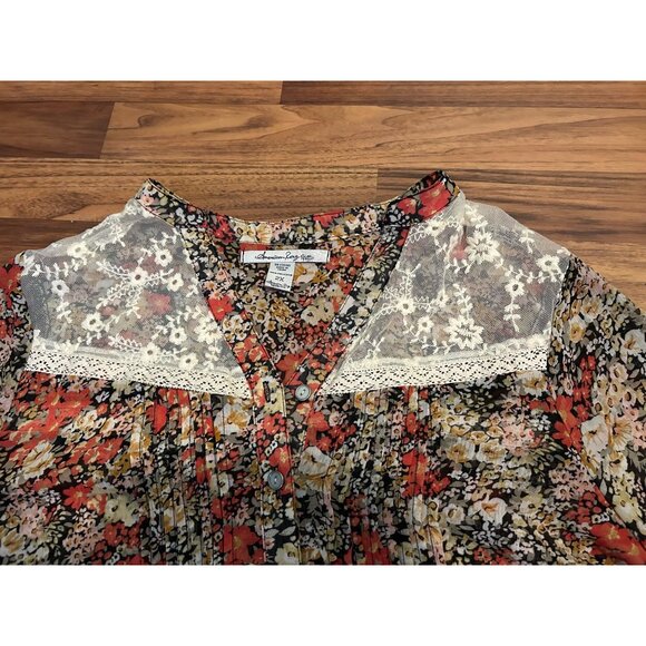 American Rag Cie Plus 2X Floral Boho Peasant Blouse Sheer Lace Yoke Button Front - Picture 3 of 15